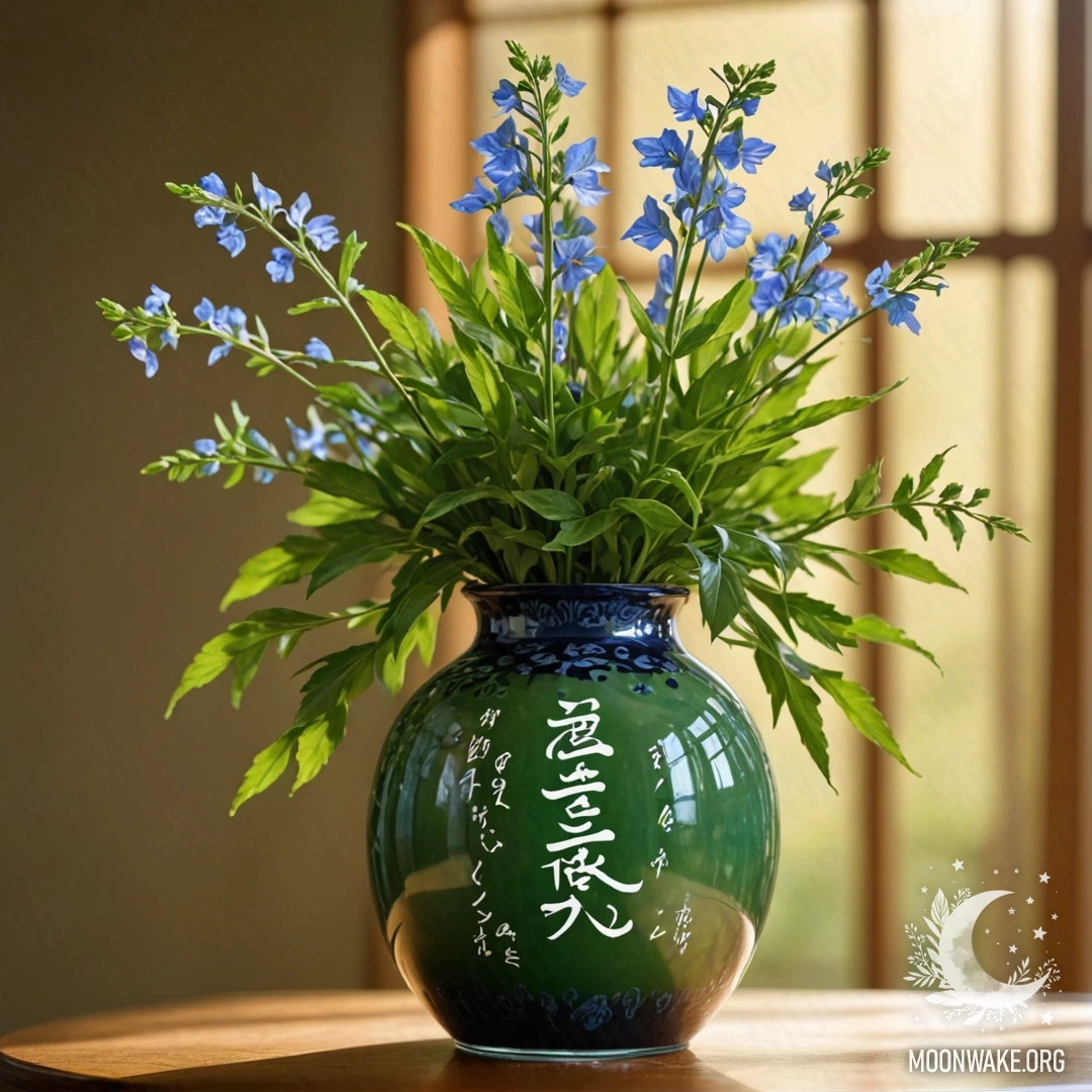 Serene Lobelia in a Vibrant Green Vase A serene arrangement of lobelia flowers in a green vase illuminated by sunlight.
