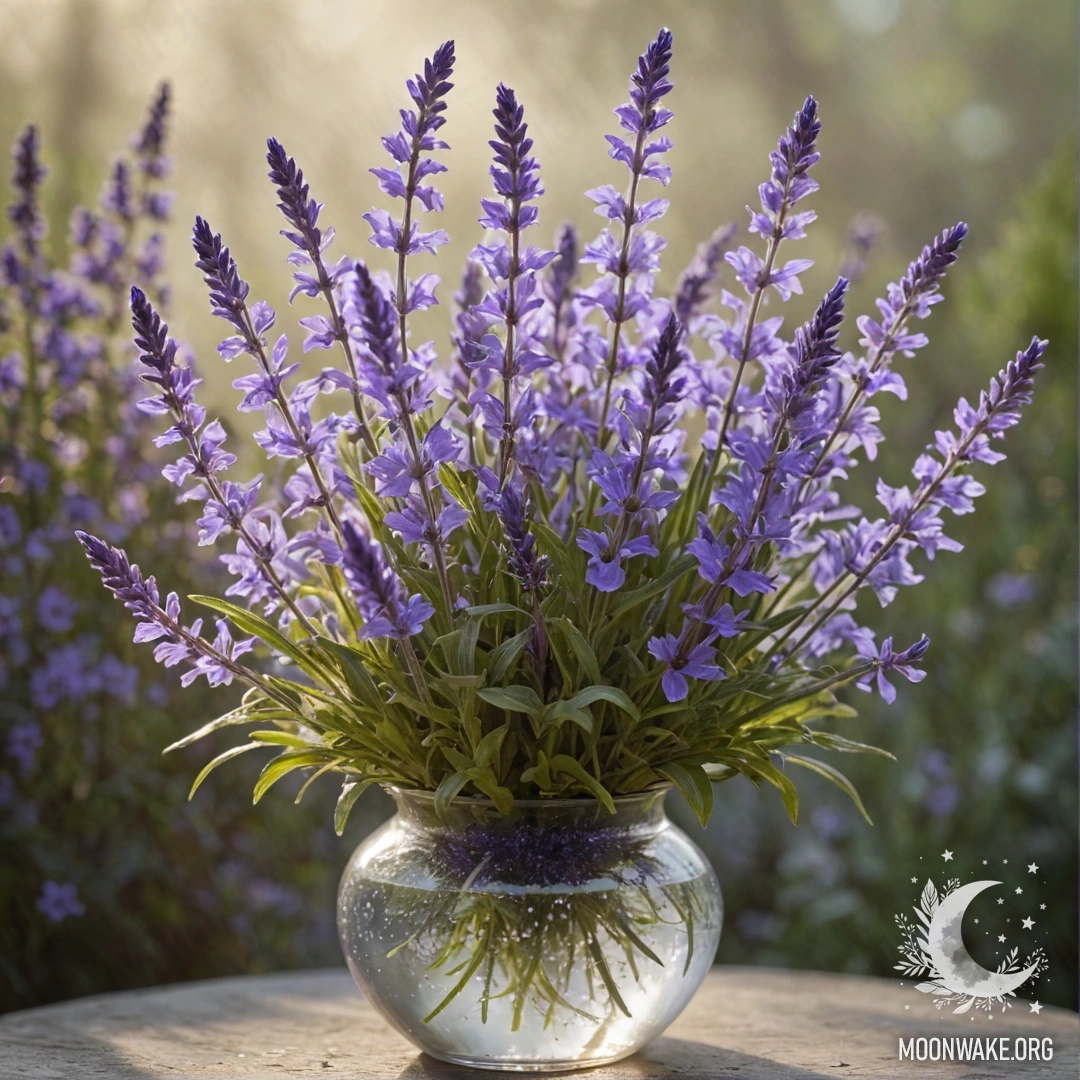 Serene Lobelia in Foggy Morning Light A vase filled with lavender lobelia flowers, illuminated by soft sunlight in a foggy setting.