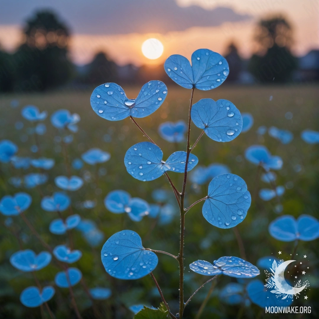 Serene Lunaria Under Raindrops at Sunset A serene cluster of Lunaria plants under soft rain with a blue sunset background.