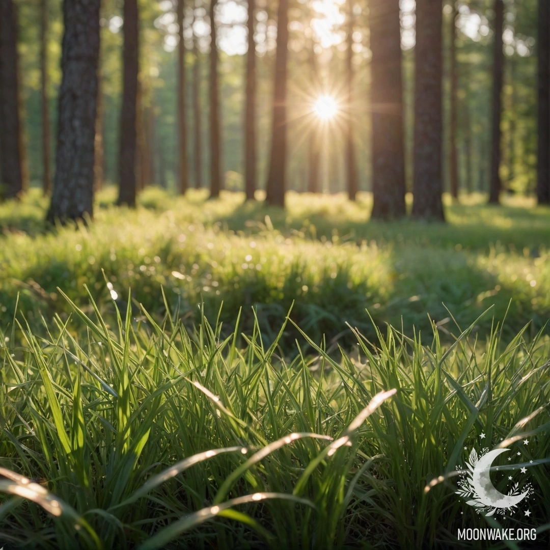 Serene Meadow with Sunlit Forest Close-up of grass in a calm field with a blurred forest in the background and sun rays filtering through the trees.