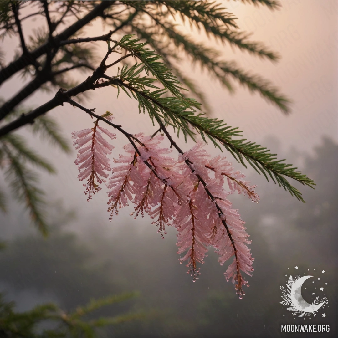 A pink mimosa blooming in the misty rain at sunset with sequins.