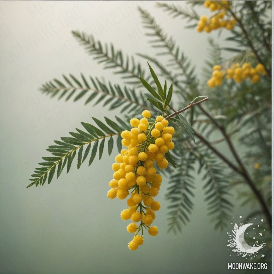 Serene Mimosa in the Mist A delicate bouquet of olive-colored mimosa surrounded by mist and sunlight.