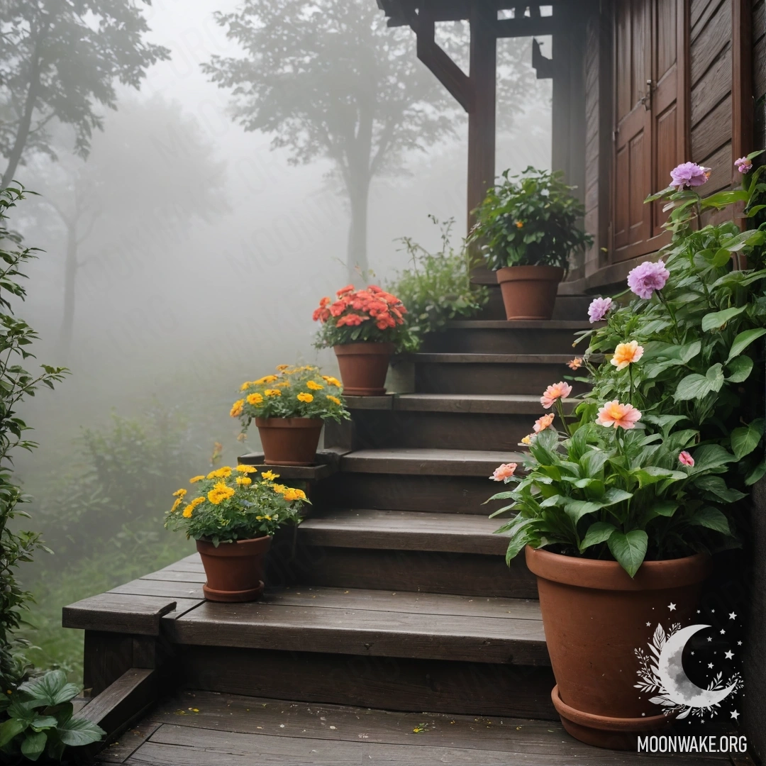 A wooden staircase surrounded by thick mist and flowerpots.
