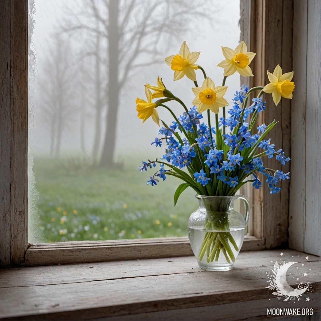 An old shabby wooden window sill with a white vase of daffodils and forget-me-nots in dense fog.