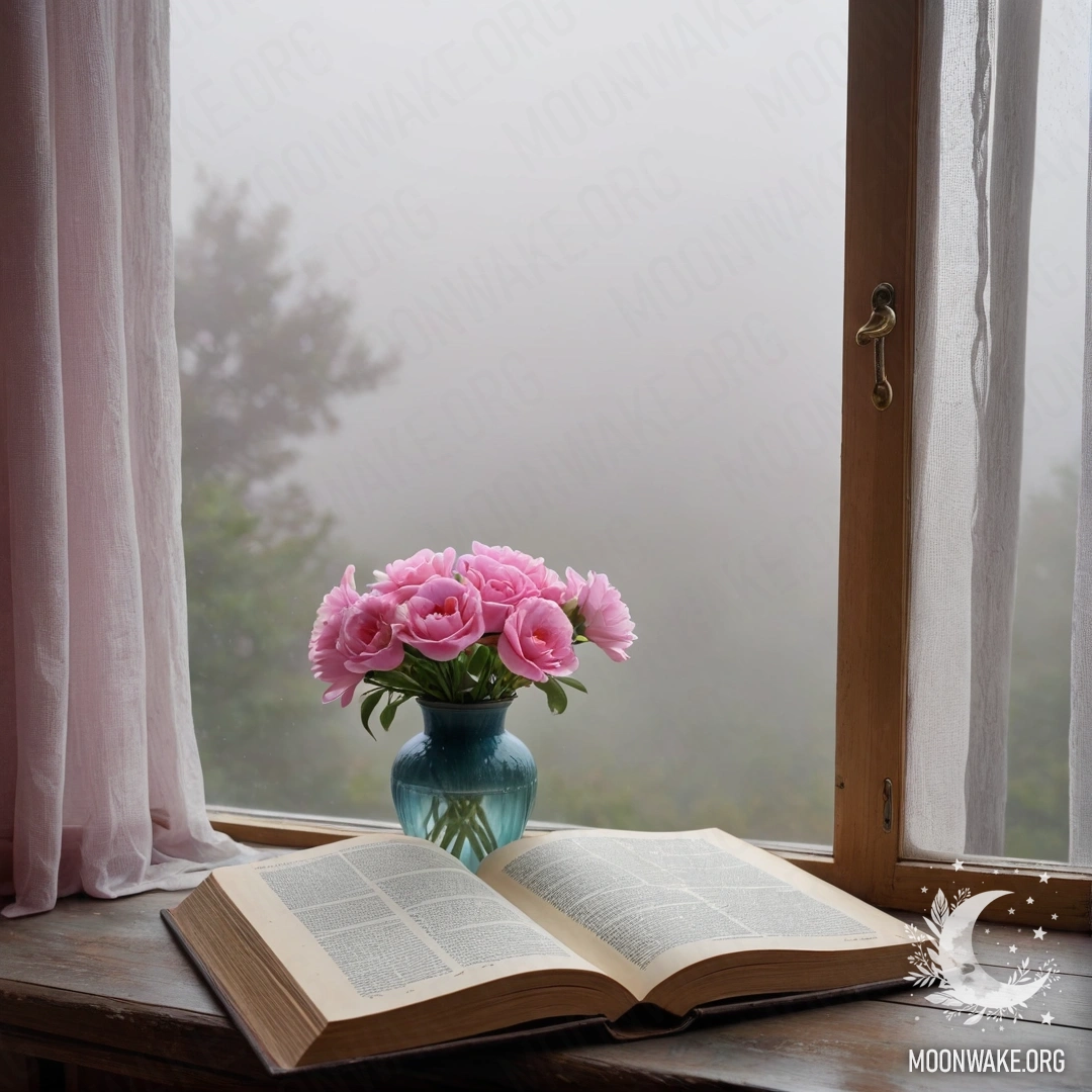 An old shabby book and a gray vase with pink flowers on a wooden window sill, with a pink curtain and dense fog in the background.