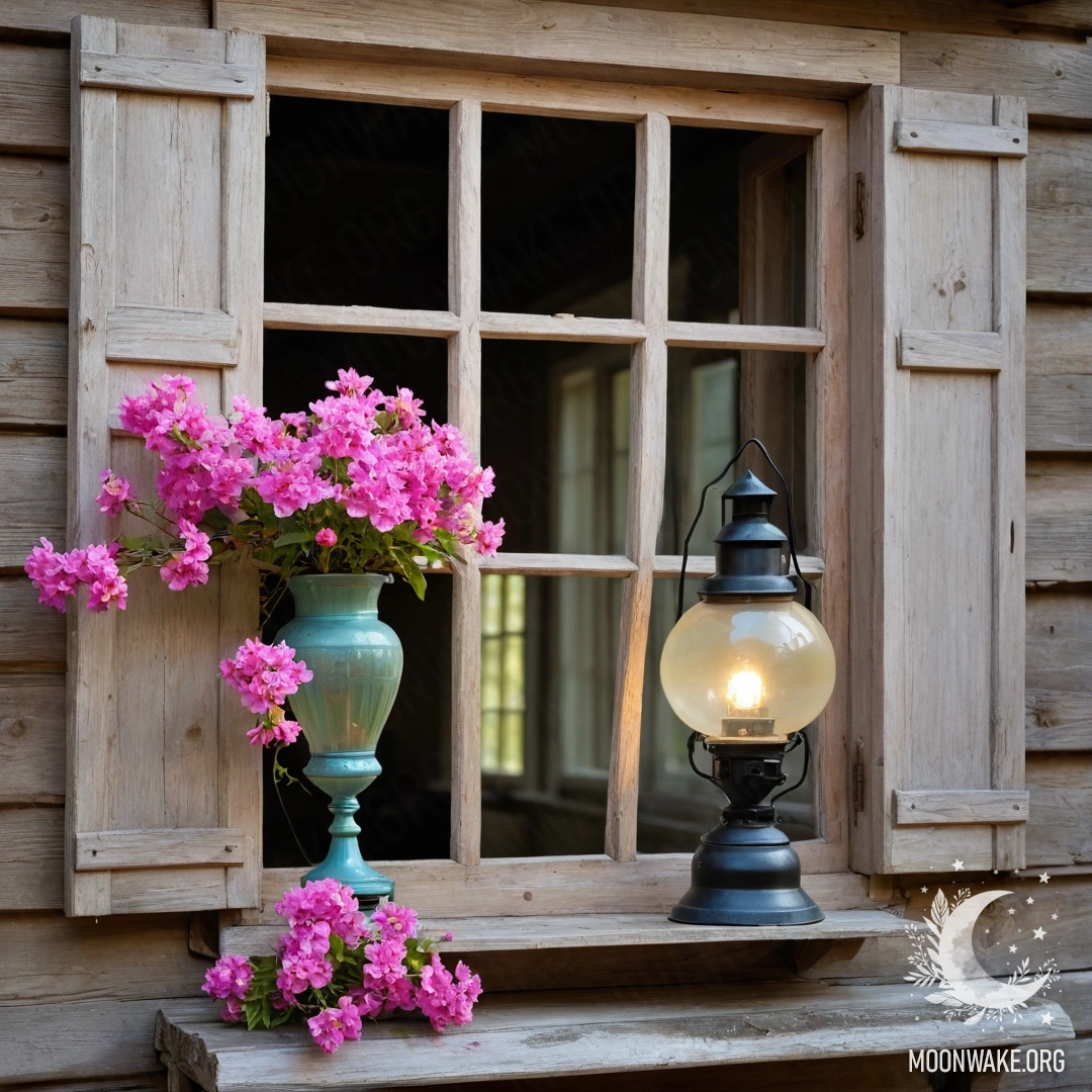 A shabby wooden window with shutters, adorned with pink flowers and a kerosene lamp above it, illuminated by sun rays.