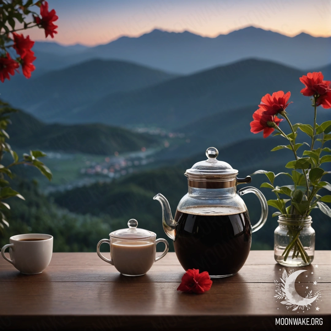 Serene Mountain Evening A calm wooden table with a jar of red flowers, a coffee pot and cups against a mountain backdrop at night.