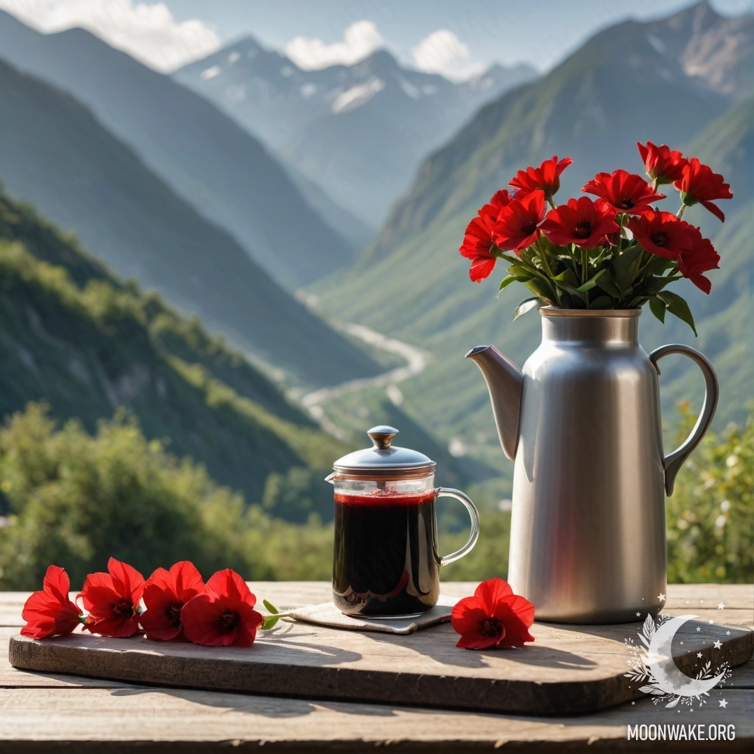 Serene Mountain Retreat with Red Flowers A wooden table with a coffee pot, cups, and a jar of red flowers in front of mountains.