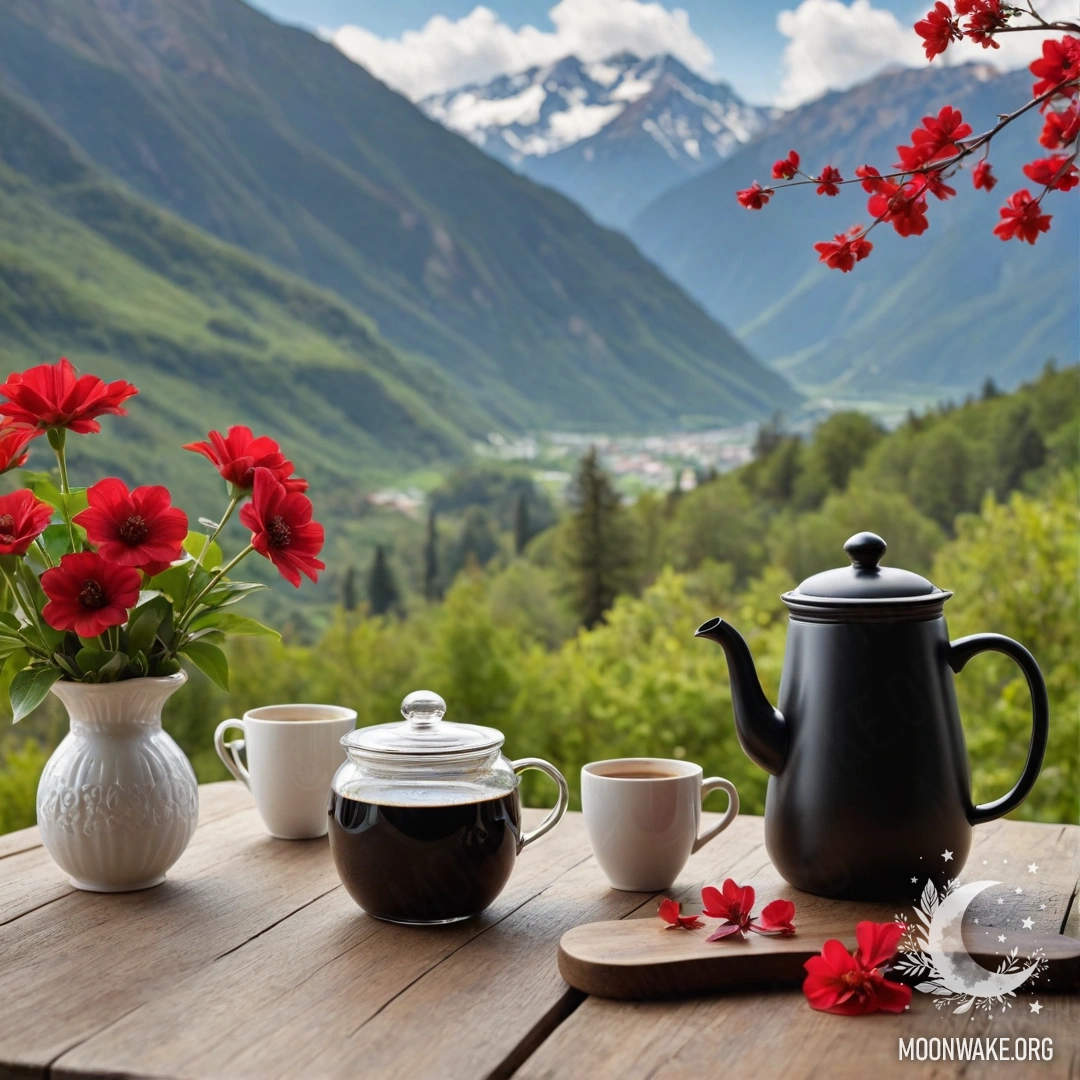 A wooden table with a jar of red flowers, coffee pot, and cups, set against majestic mountains.