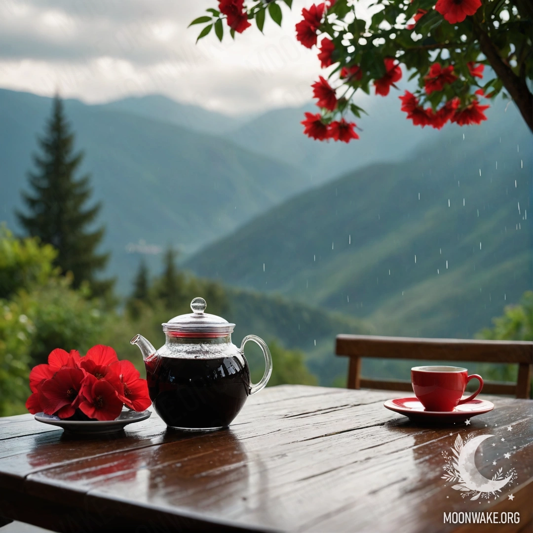 Serene Mountain Retreat with Flowers and Coffee A calm wooden table with a jar of red flowers and coffee pot under the rain with mountains in the background.