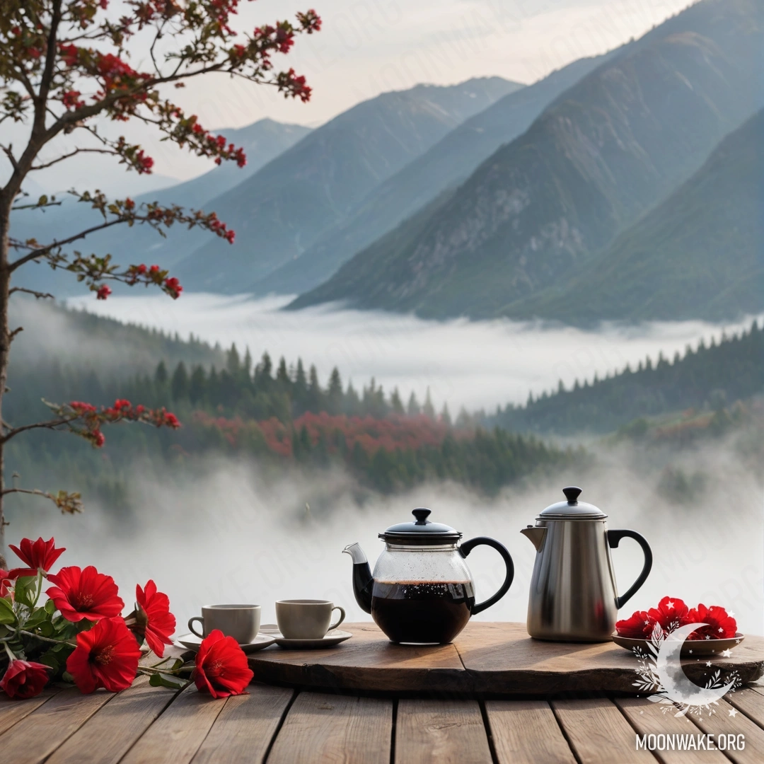 Serene Mountain Retreat An abstract wooden table adorned with a jar of red flowers, a coffee pot, and cups, set against a misty mountain background.