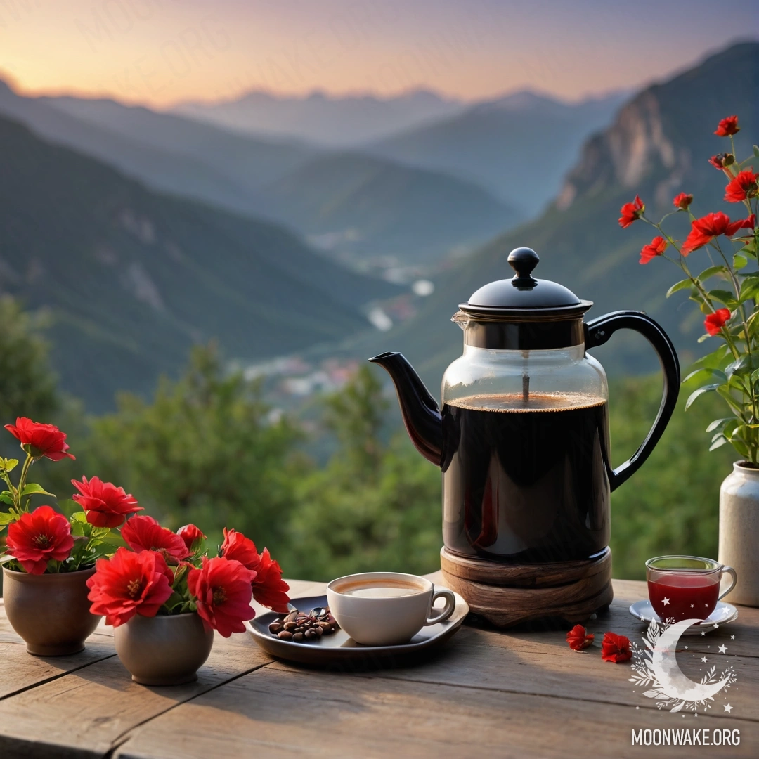 A scenic wooden table with a jar of red flowers, a coffee pot, and cups set against mountain scenery at sunset.