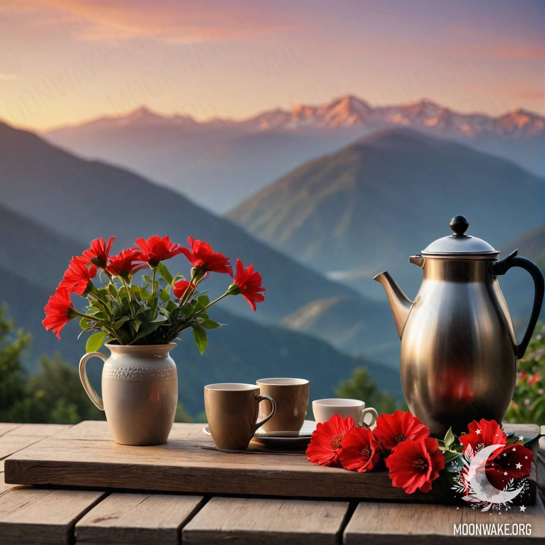 Serene Mountain Sunset with Floral Details A wooden table with a jar of red flowers, a coffee pot, and cups on a backdrop of mountains at sunset.