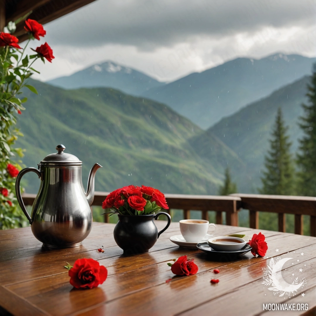 A wooden table with a jar of red flowers, a coffee pot, and cups, set against a mountain backdrop with rain.