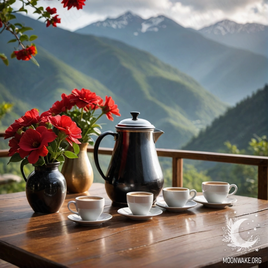 An abstract wooden table in the mountains with a jar of red flowers, a coffee pot, and cups under the rain.