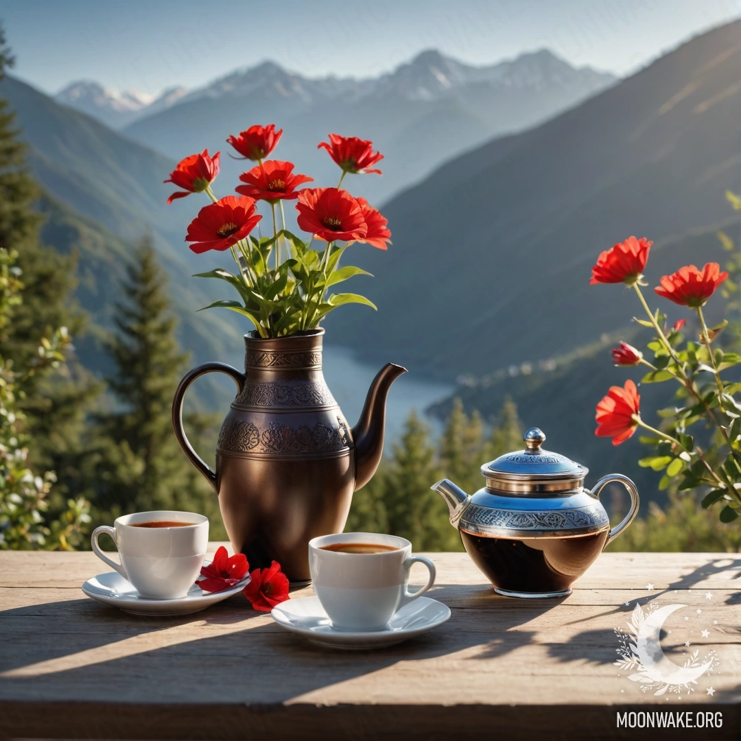 Serene Mountain Table with Flowers and Coffee A peaceful wooden table in front of mountains with a jar of red flowers, a coffee pot, and cups illuminated by sunlight.