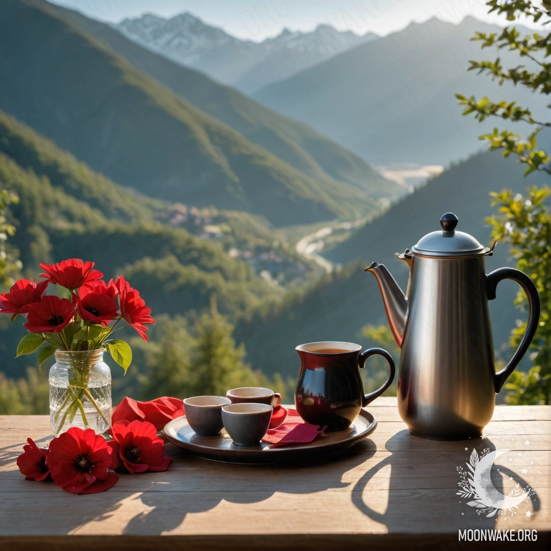 Serene Mountain Table Arrangement with Flowers A calm wooden table set against majestic mountains, featuring a jar of red flowers, a coffee pot, and cups illuminated by sunlight.