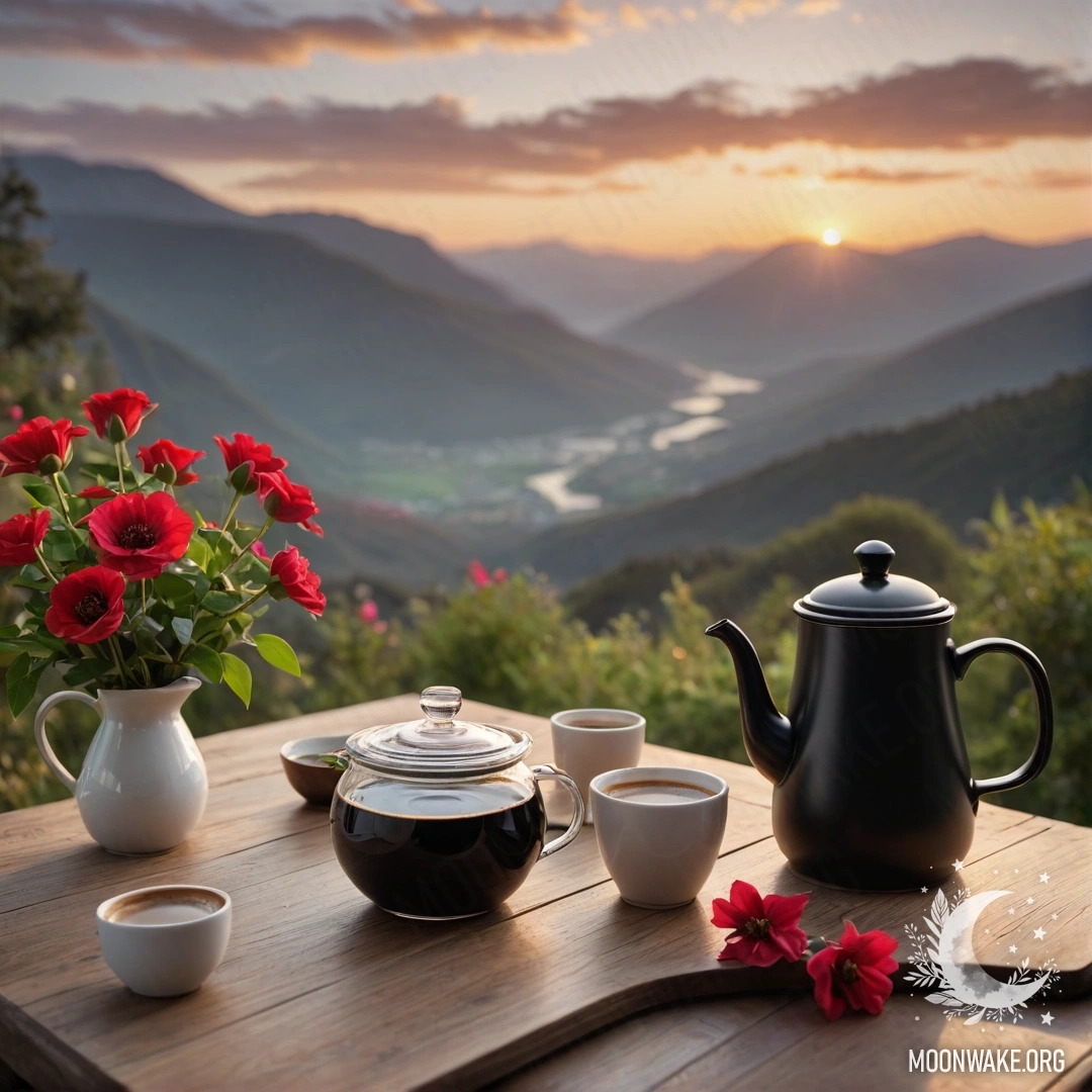 Serene Mountain Table with Red Flowers at Sunset A wooden table set against the mountains, featuring a jar of red flowers, a coffee pot, and cups during sunset.