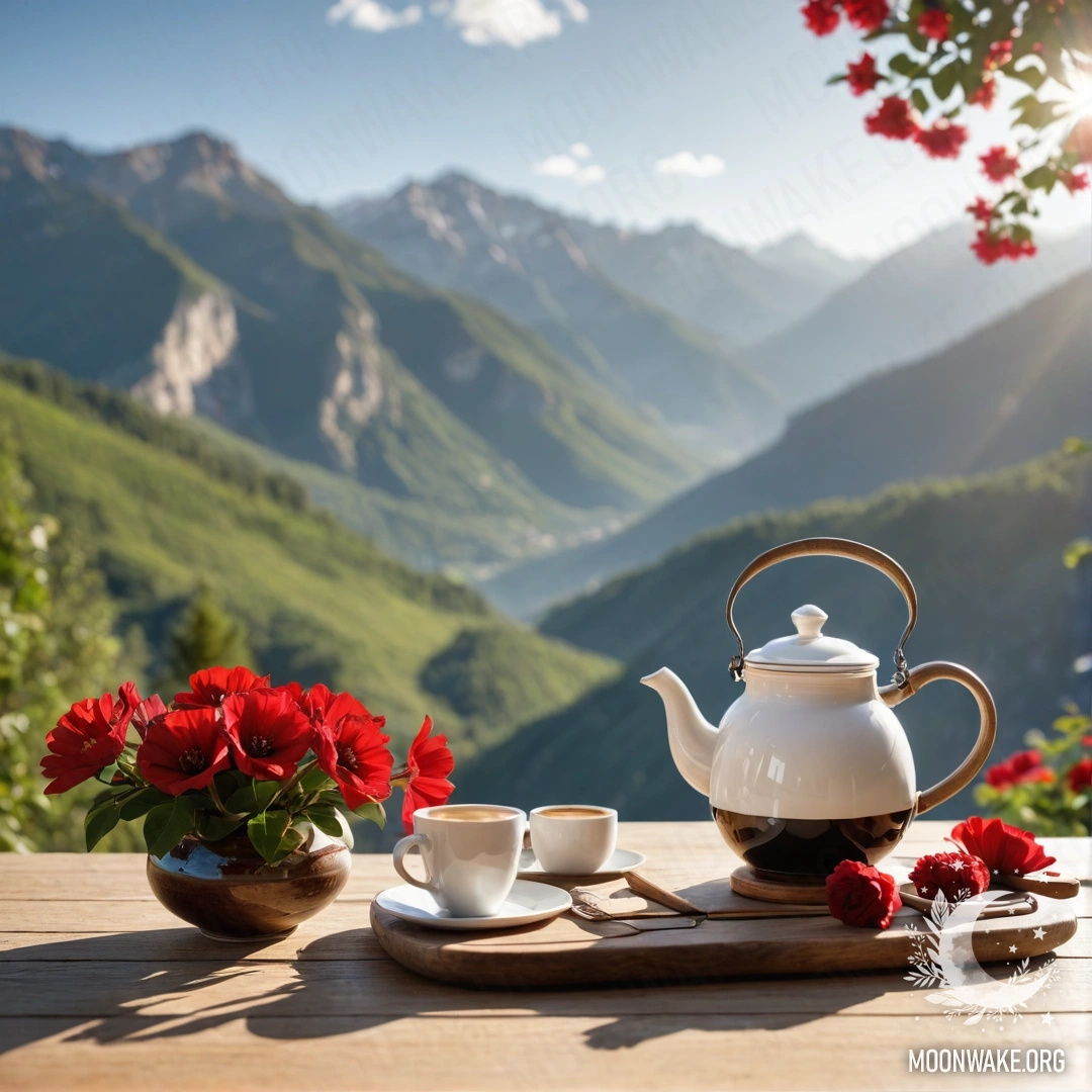 Serene Mountain Table Scene A calm wooden table with a jar of red flowers, a coffee pot, and cups, set against a mountainscape in soft sunlight.