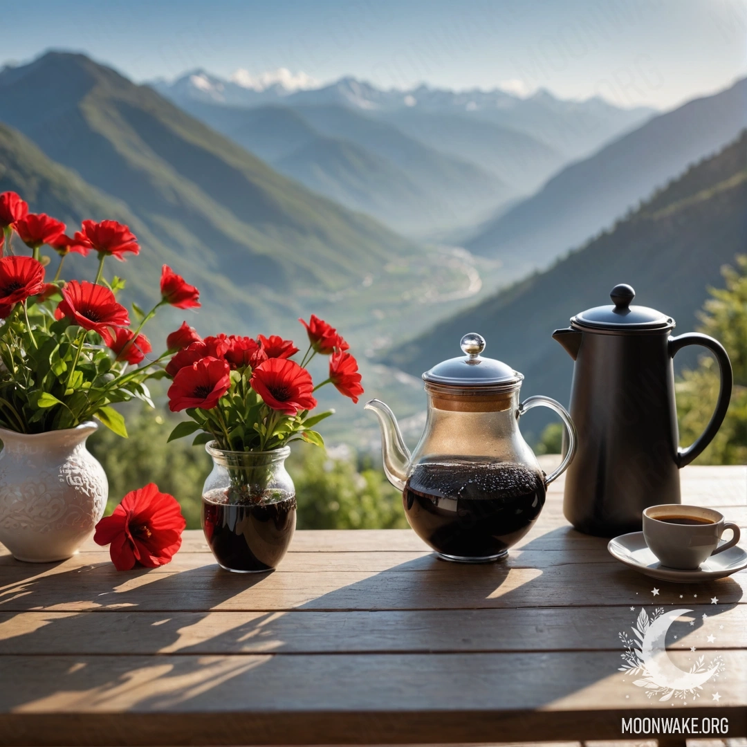 Serene Mountain Table Scene A wooden table with a jar of red flowers, a coffee pot, and cups, set against a mountainous backdrop.