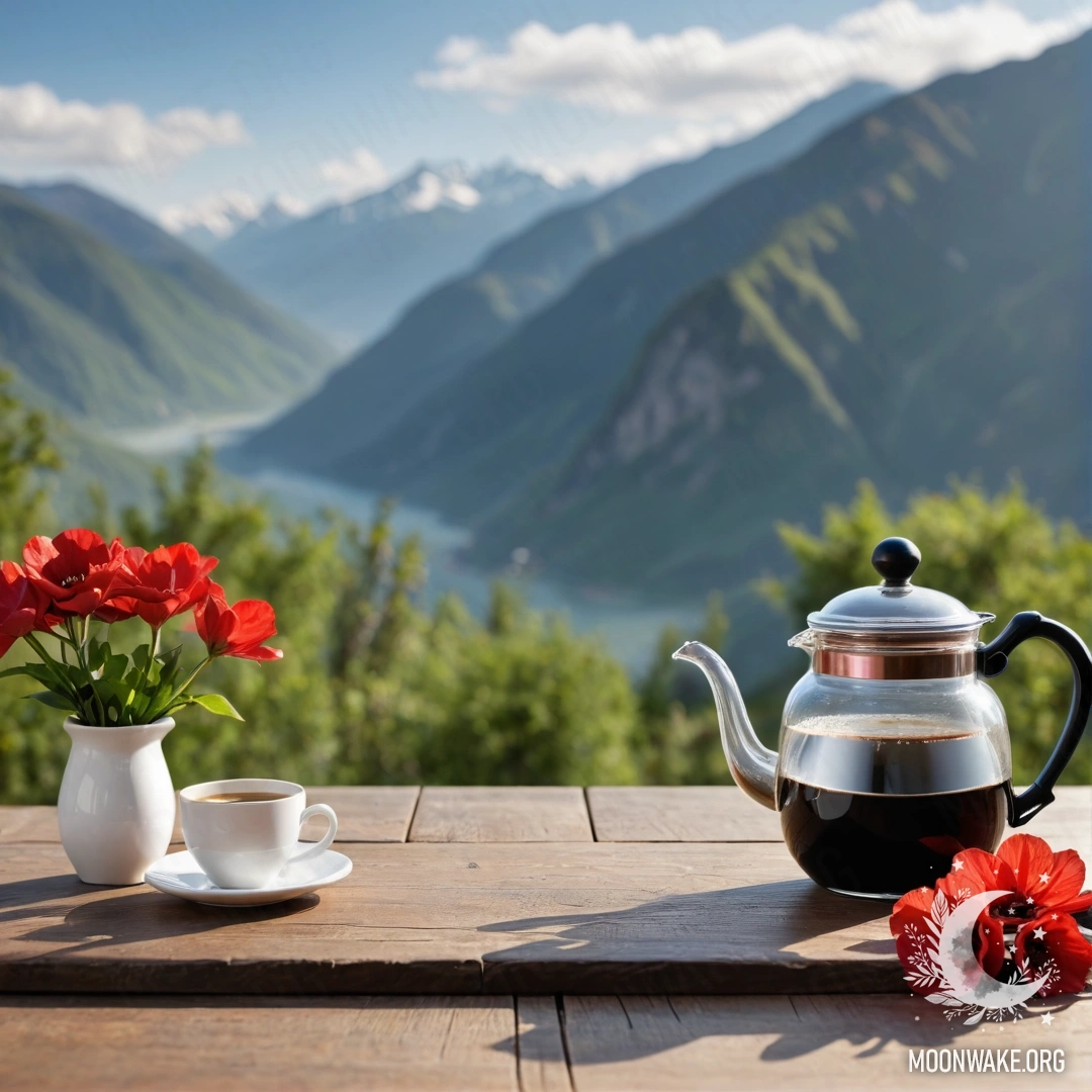 A wooden table with a jar of red flowers, a coffee pot, and cups against mountain scenery.