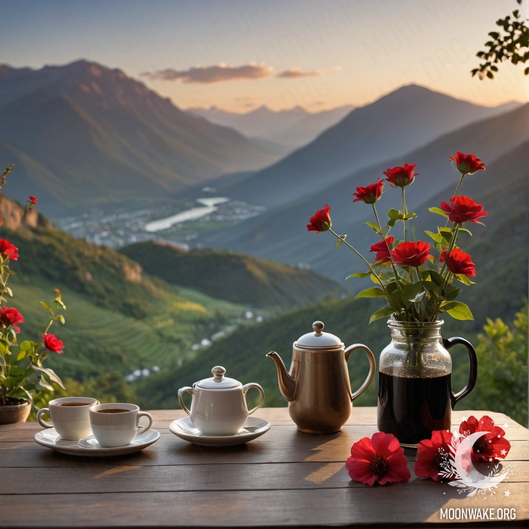 A wooden table with a jar of red flowers, coffee pot, and cups, with mountains in the background during sunset.