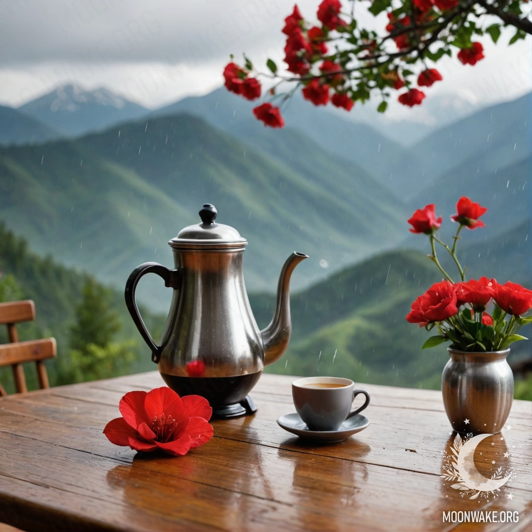 Serene Mountain Table Setting A tranquil wooden table set against majestic mountains, featuring a jar with red flowers and a coffee pot with cups in the rain.