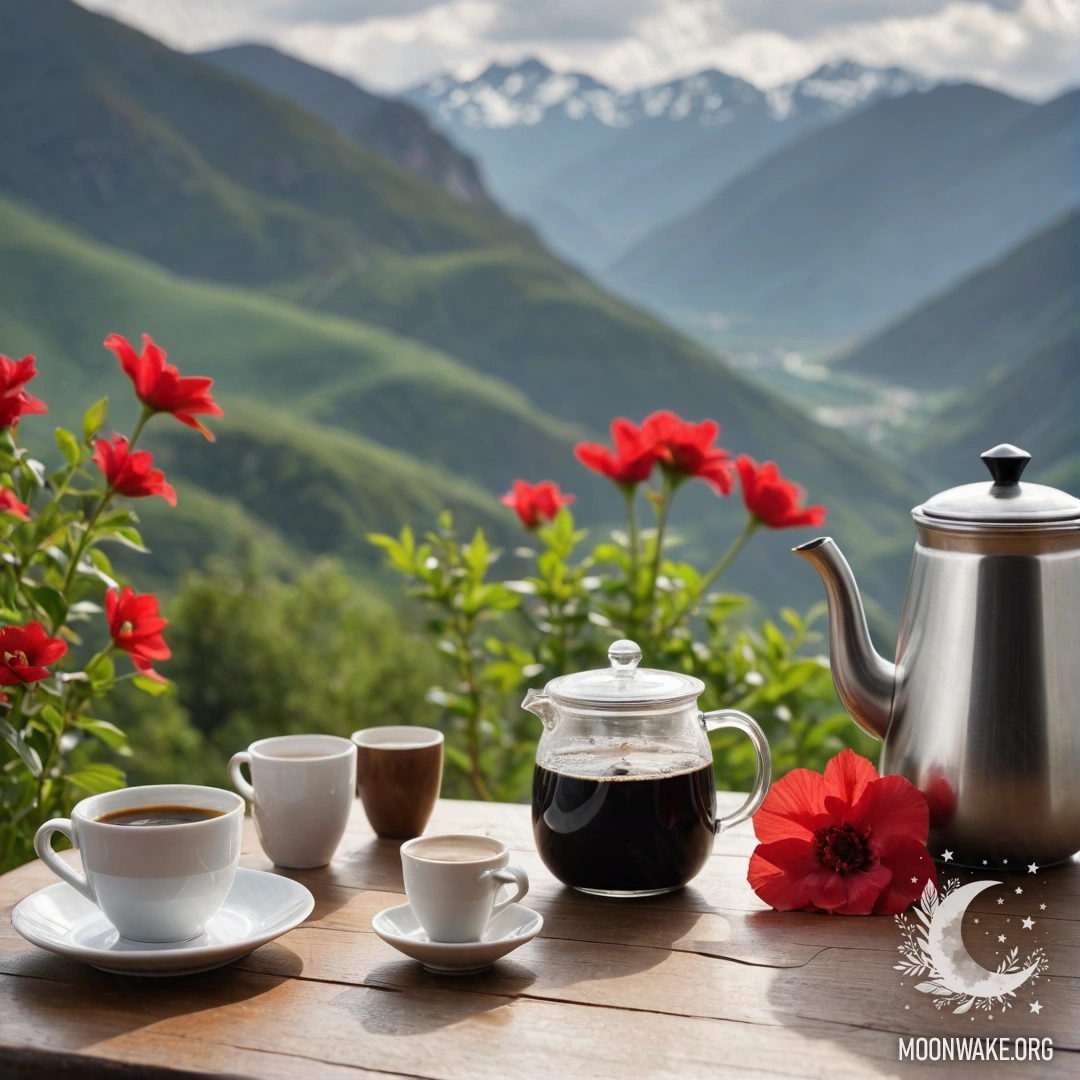 A peaceful wooden table with red flowers and coffee pot set against mountains.