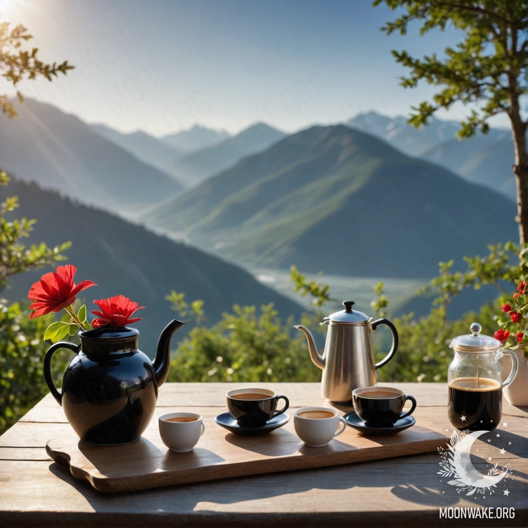Serene Mountain Table with Coffee and Flowers A peaceful wooden table set against majestic mountains, featuring a jar of red flowers, a coffee pot, and cups illuminated by sun rays.