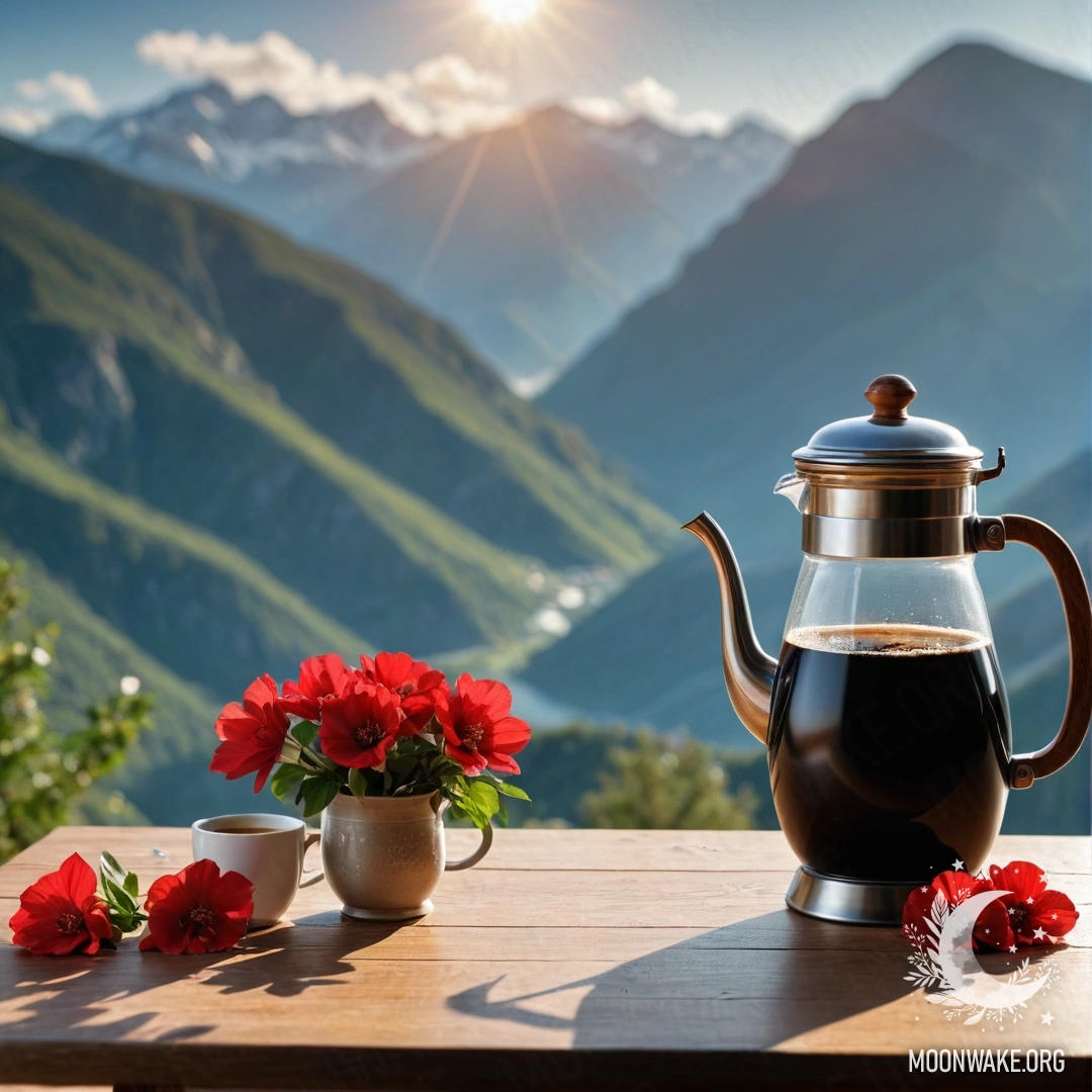 A wooden table set against mountains, featuring a jar with red flowers, a coffee pot, and cups lit by sunlight.