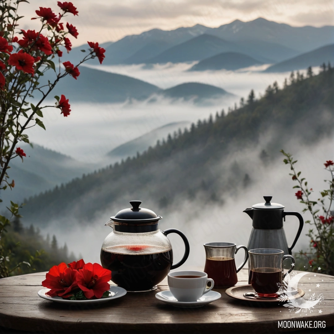 An abstract wooden table in front of mountains with a jar of red flowers, a coffee pot, and cups in heavy fog.