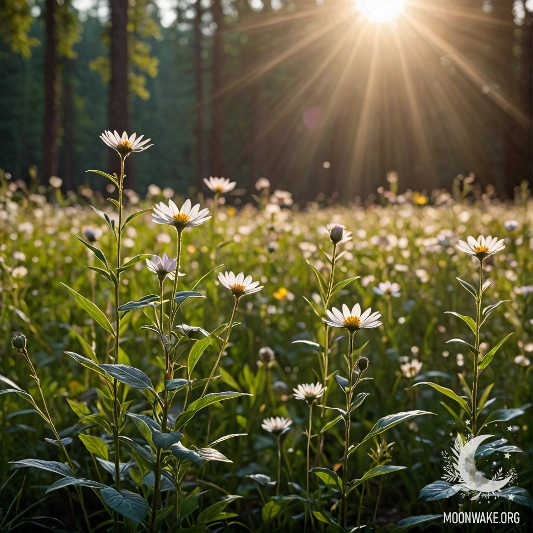 Close-up of delicate flowers in a peaceful field, illuminated by soft sun rays against a blurred forest background at night.