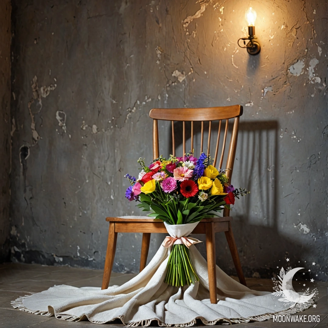 A cozy chair against a shabby wall, adorned with a blanket and a bouquet of flowers atop it during nighttime.
