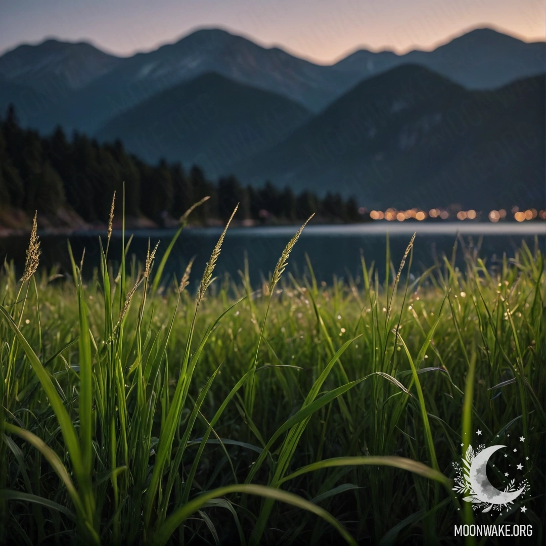 A close-up view of beautiful grass against a bokeh background of a mountain lake at night.