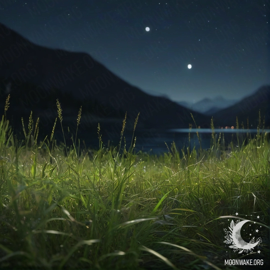 Serene Night by the Lake Close-up of beautiful green grass with a bokeh background of a mountain lake at night.