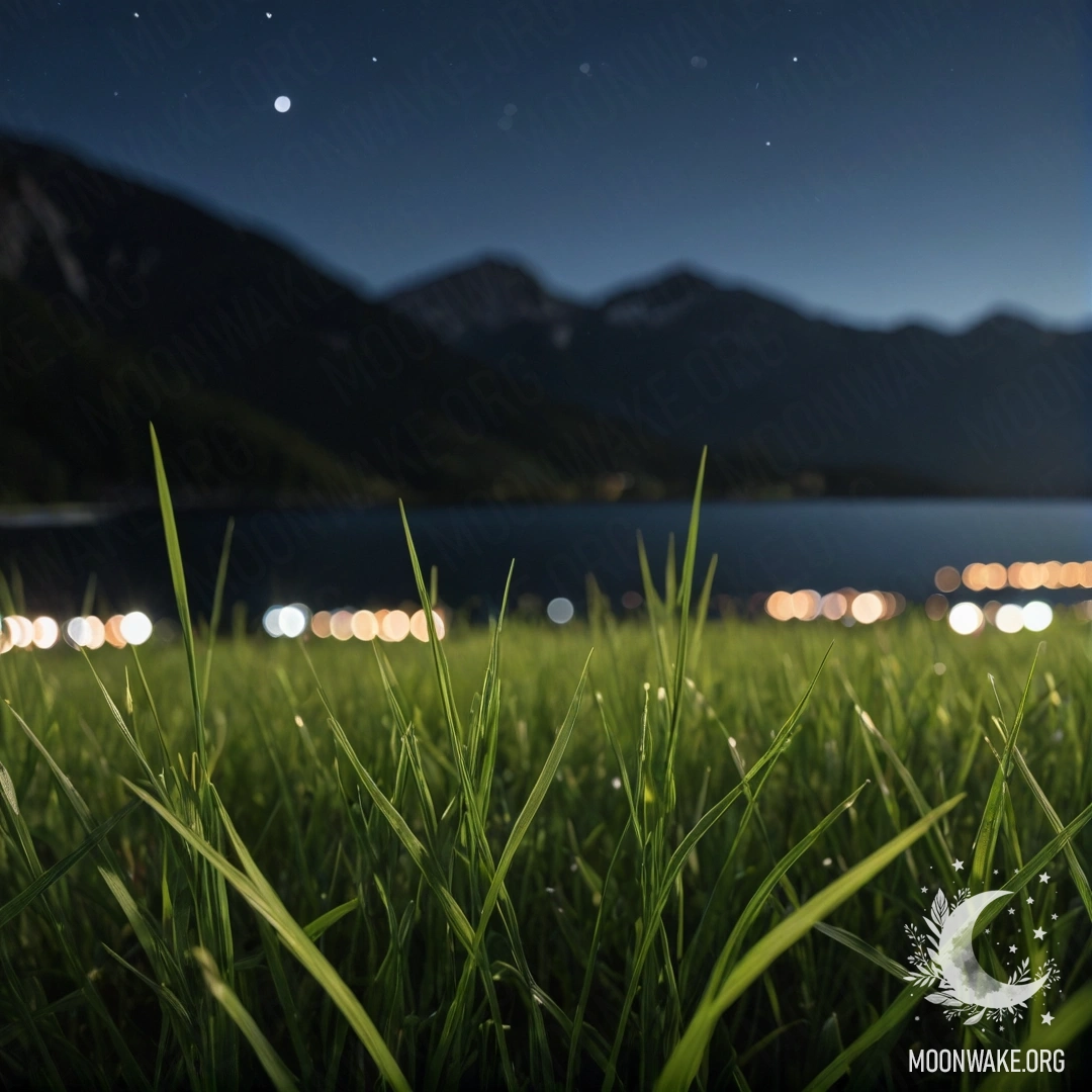 Serene Night by the Mountain Lake Close-up of grass in a field against a dreamy bokeh backdrop of a mountain lake at night.