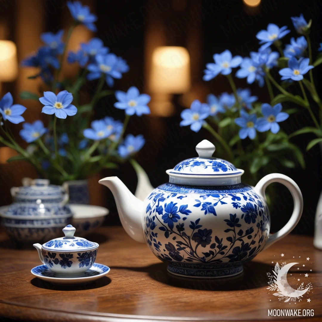 A metal teapot with patterns adorned with daisies on a wooden window sill at night.