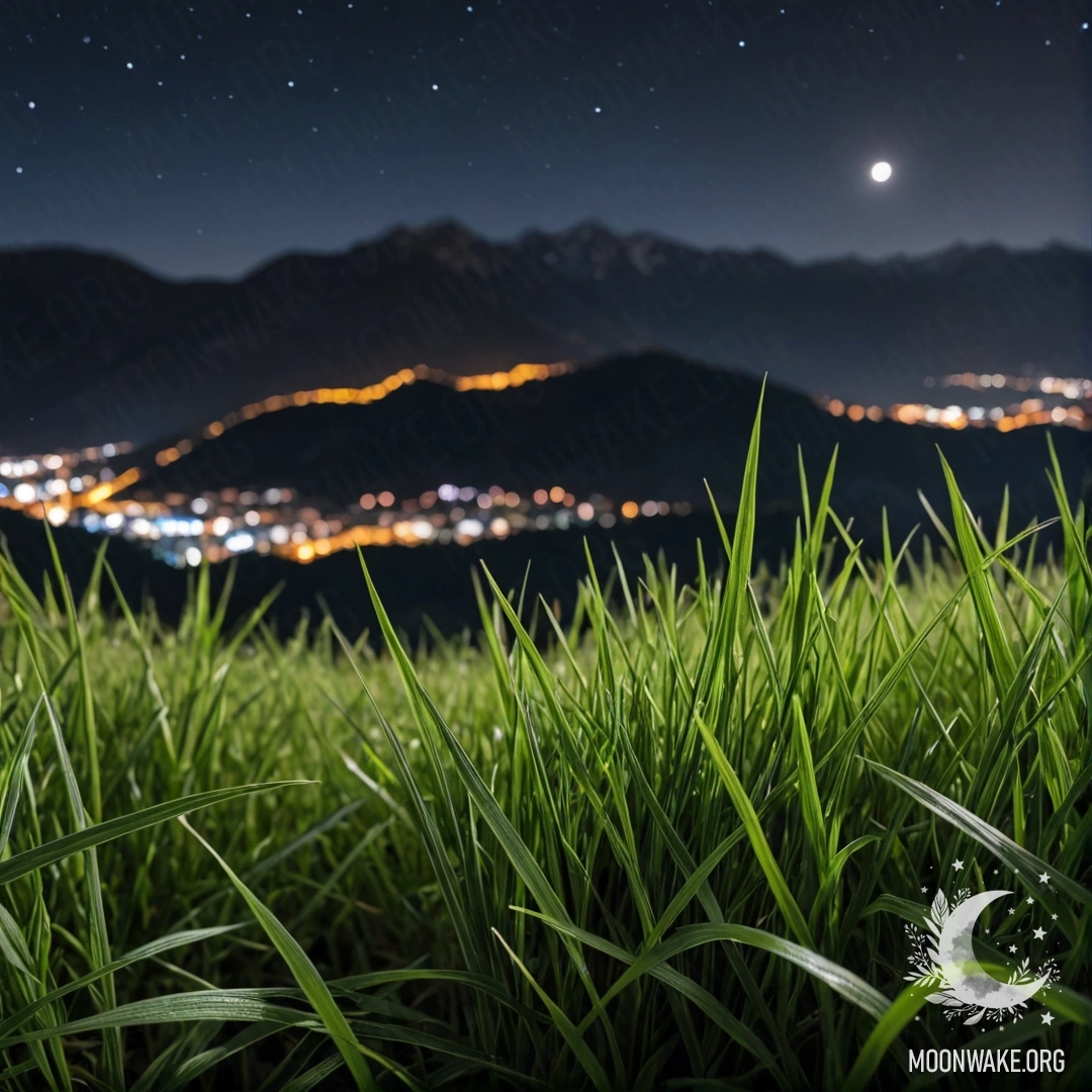 Serene Night Field with Mountains Close-up of grass in a calm field with blurred mountains in the background at night.
