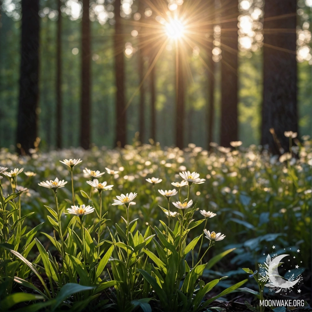 Close-up of flowers in a field with a blurry forest background and sun rays
