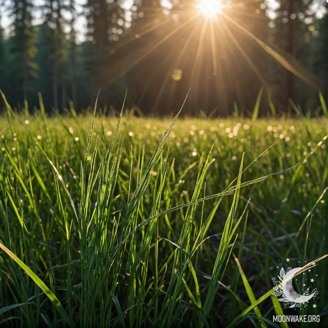 Close-up of grass in a peaceful field with a bokeh forest and sun rays at night.
