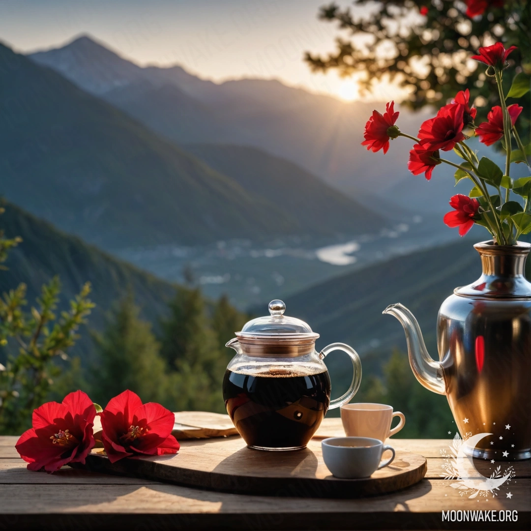 A calm wooden table set against a mountain backdrop at night, with a jar of red flowers, a coffee pot, and cups.