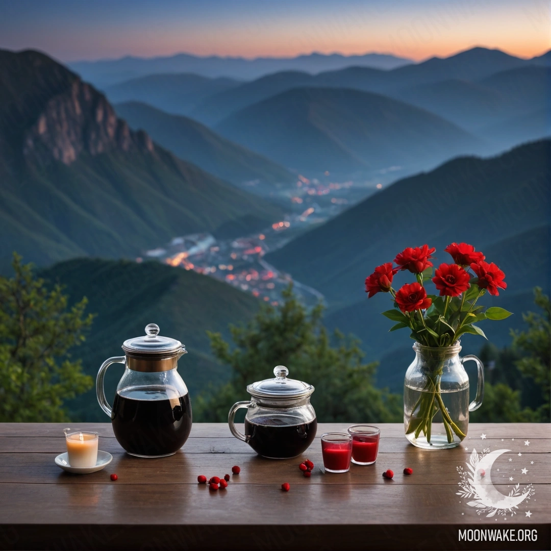 A wooden table set against mountain background, adorned with a jar of red flowers, a coffee pot, and cups during nighttime.