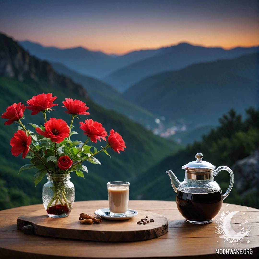A wooden table at night with red flowers, a coffee pot, and cups, set against a mountain backdrop.