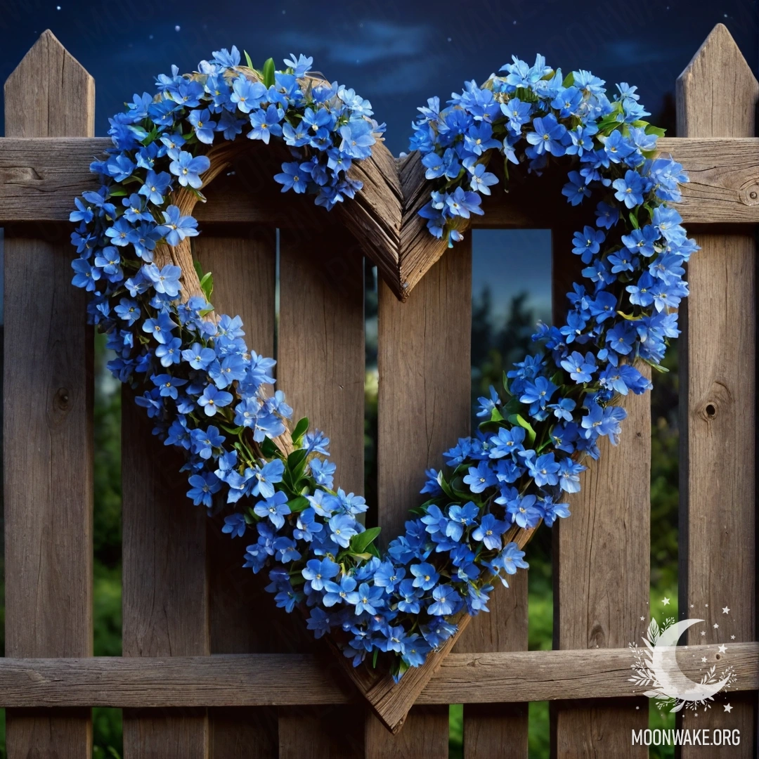 A round wooden table with a porcelain teapot filled with blue flowers at night.