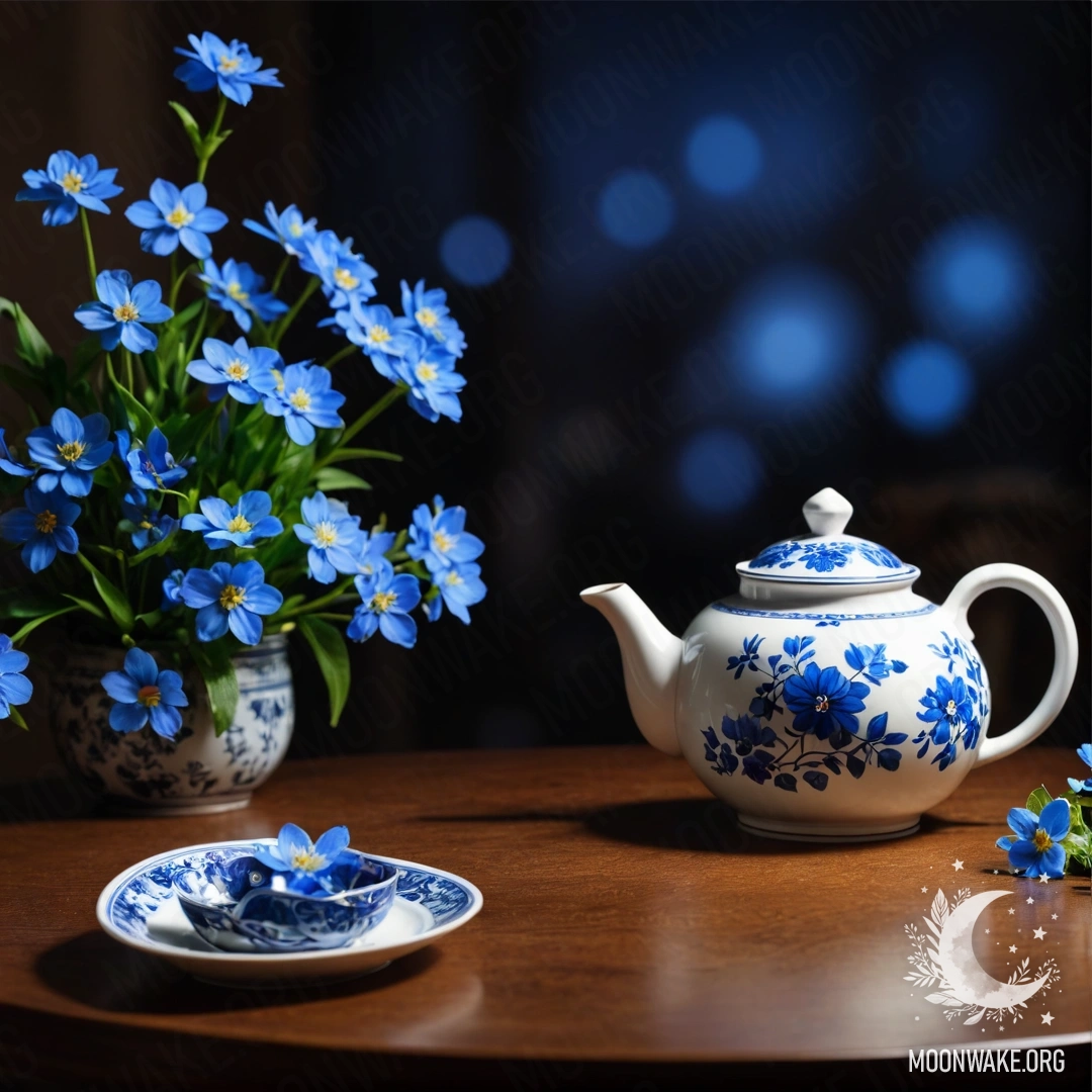 A round wooden table with a porcelain teapot containing blue flowers at night.