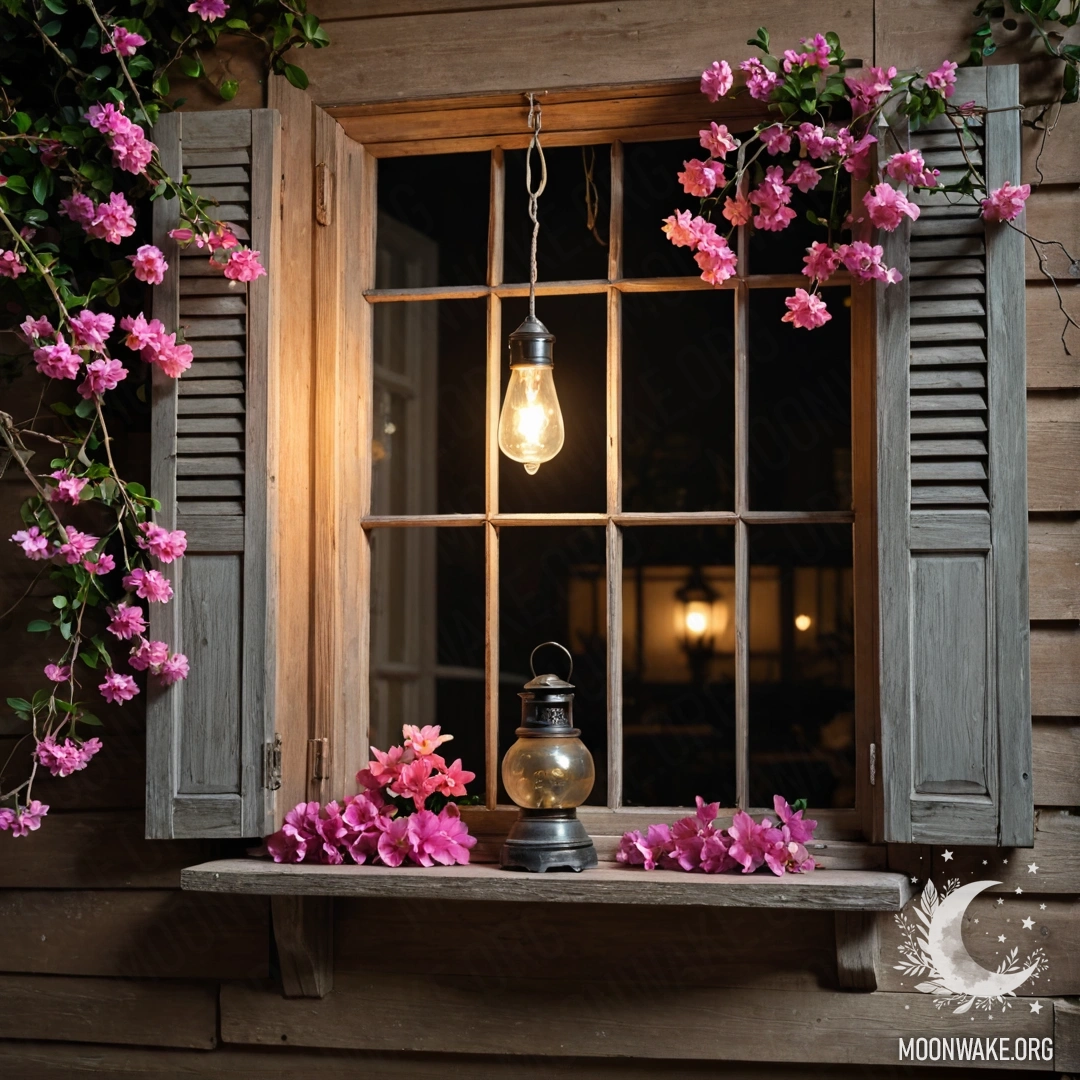 A shabby wooden window at night adorned with pink flowers and a kerosene lamp above.