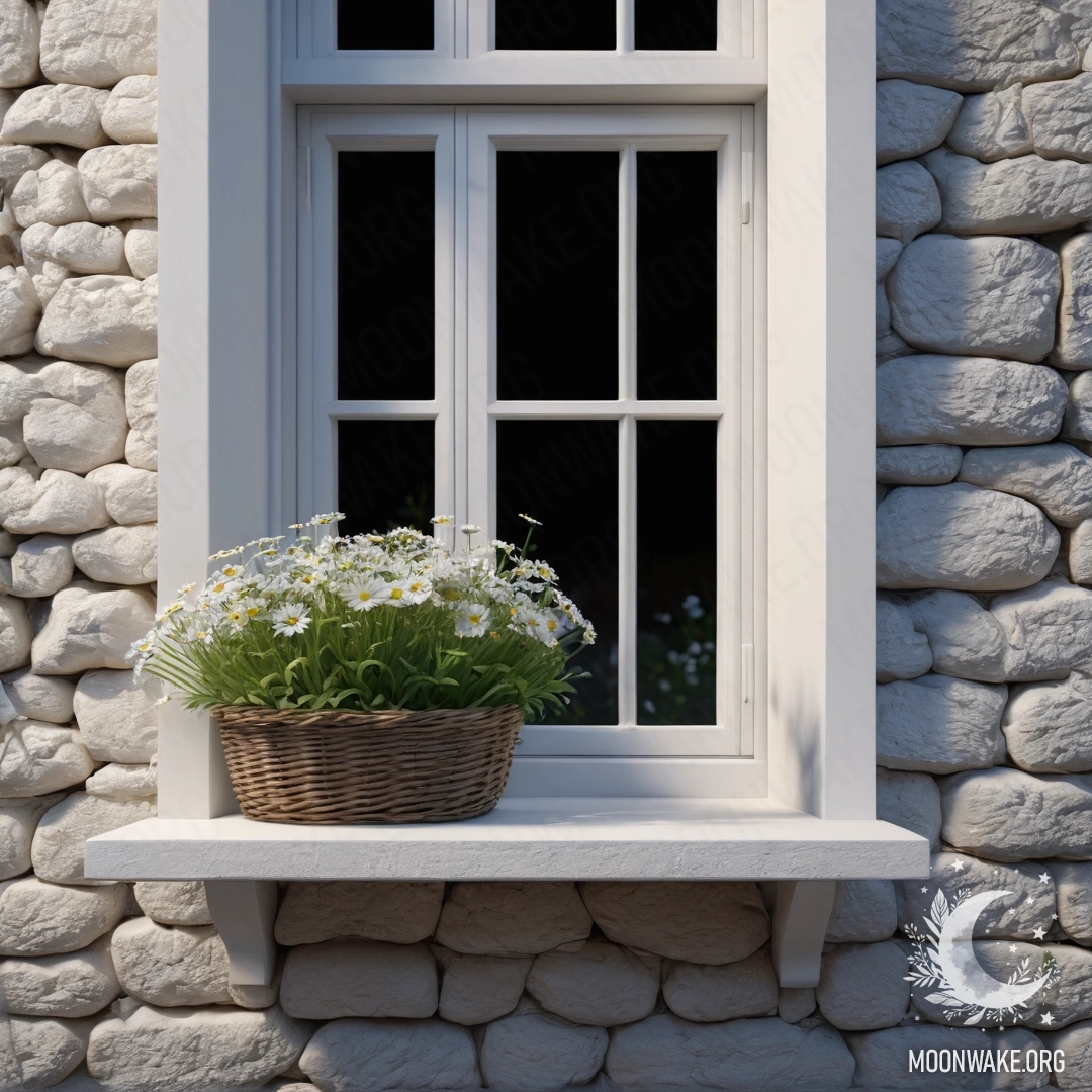 A calm interior scene featuring a white stone wall and an open window with a basket of daisies on the windowsill at night.