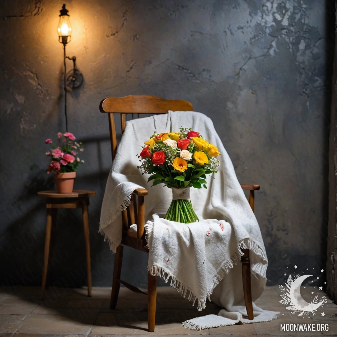 A serene scene featuring a chair against a shabby wall, with a blanket draped over it and a bouquet of flowers resting on the blanket at night.