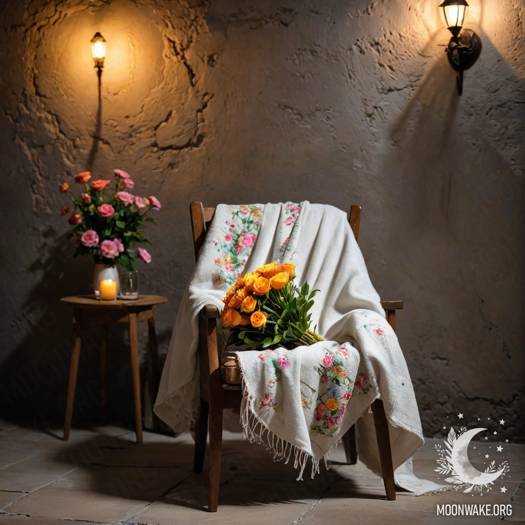A tranquil scene featuring a chair against a shabby wall, with a blanket and a bouquet of flowers on it at nighttime.