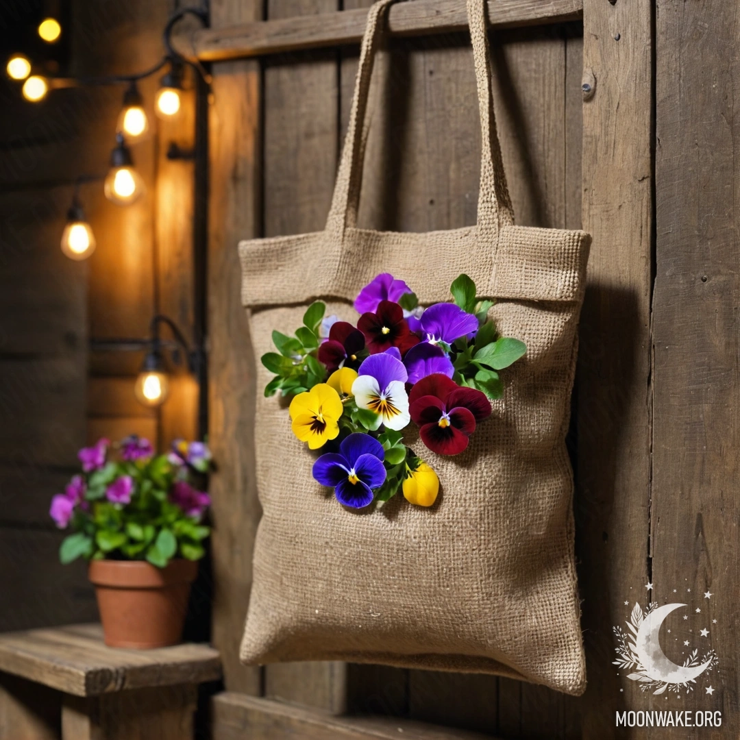 A small burlap bag filled with pansies hangs on a weathered wooden wall at night.
